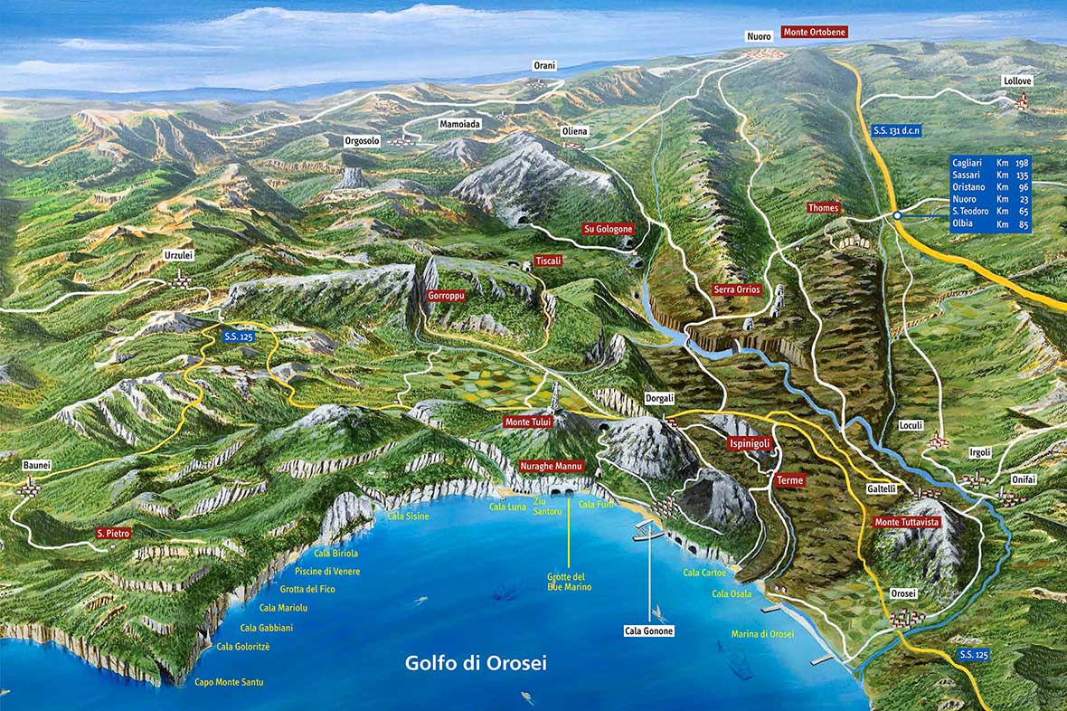 Mapa del Golfo de Orosei y los lugares de excursiones